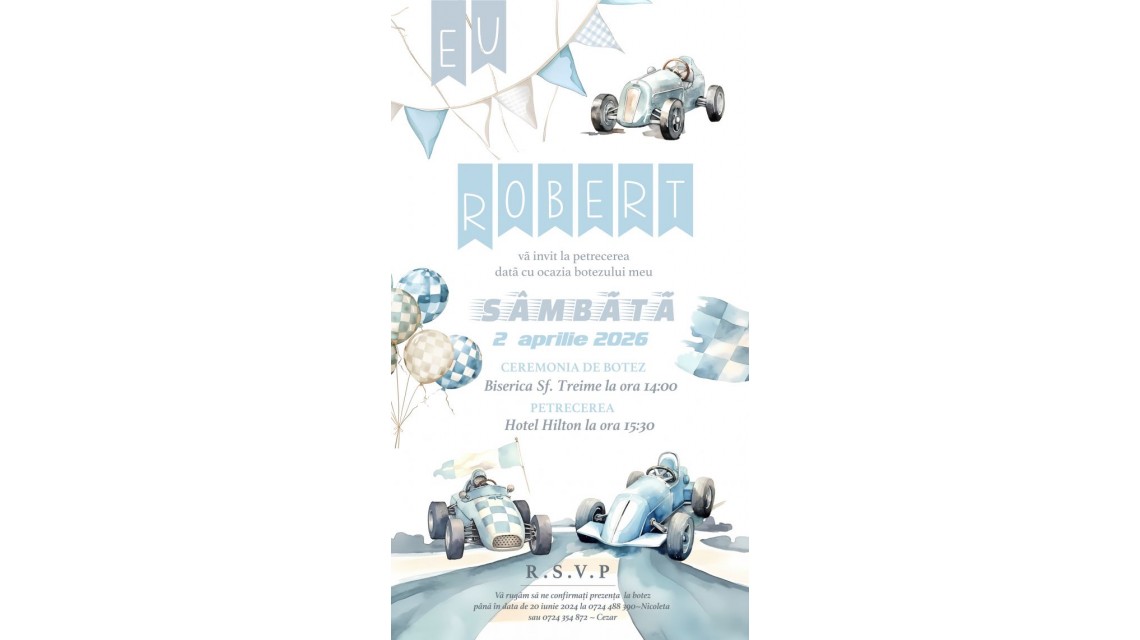 Invitație digitală botez băiețel cu Mașinuțe de curse Formula 1 1